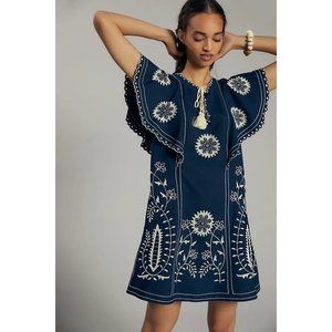Anthropologie Let Me Be Navy Embroidered Tunic Dress - Size Large